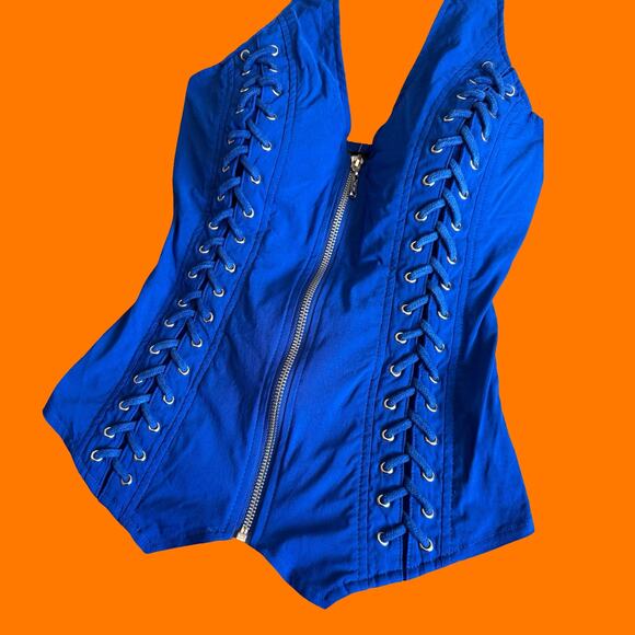00's vintage blue lace up zipper bodycon y2k corset halter tank top SMALL - Picture 4 of 6